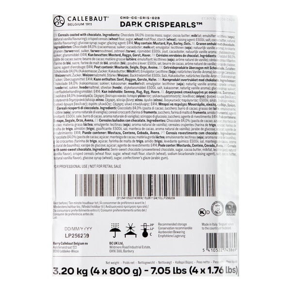 A 1.76 lb. package of Callebaut Dark Crispearls, chocolate-coated cereal pearls.