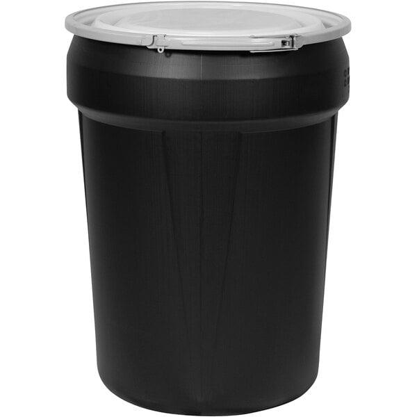 A black plastic barrel drum with a metal lever-lock lid.