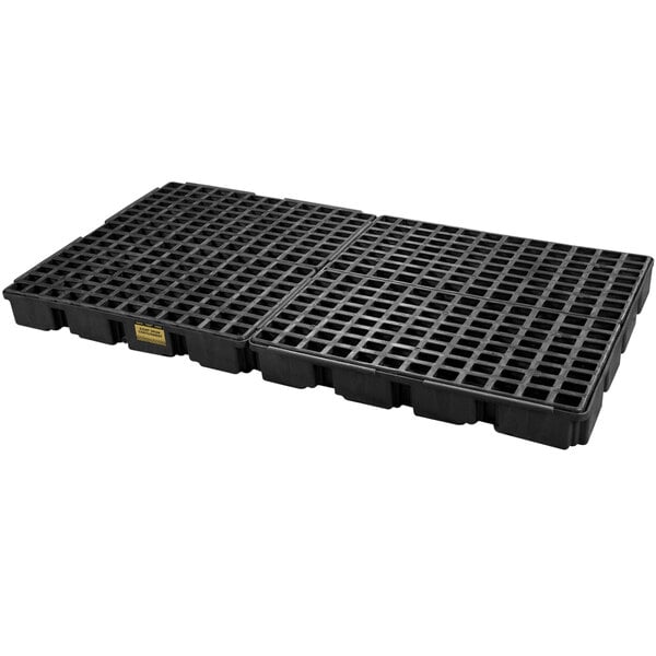 A black plastic pallet with a grid of holes.