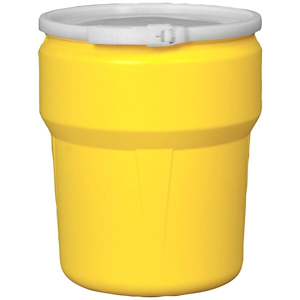 A yellow plastic container with a white lid, the Eagle Manufacturing 10 Gallon Plastic Drum.