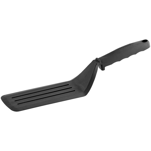 A Fourté black high heat nylon slotted turner with a handle.