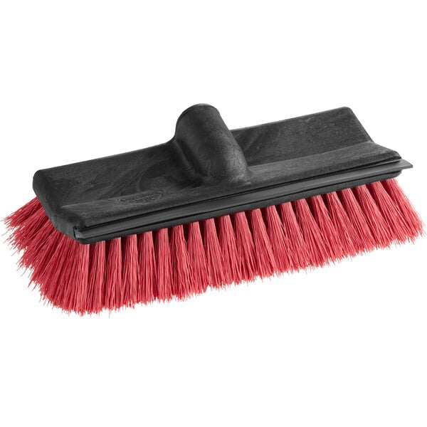 A red and black Lavex floor scrub brush with a red handle.