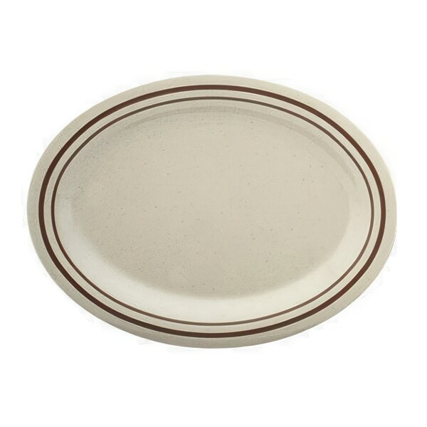A beige oval Thunder Group Arcadia melamine platter with brown stripes.