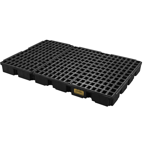 A black plastic Eagle Manufacturing spill containment pallet with holes.