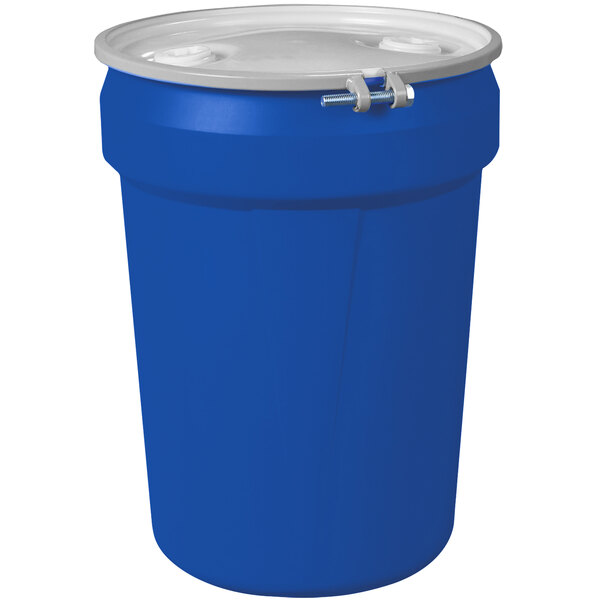 A blue plastic barrel drum with metal bolt rings.