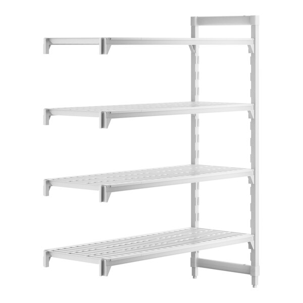 A white rectangular plastic shelf with four vented shelves.