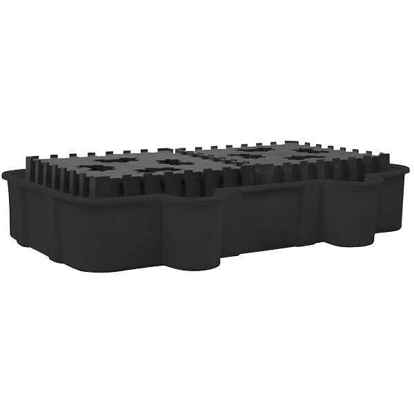 A black plastic container with a black polyethylene platform with holes.