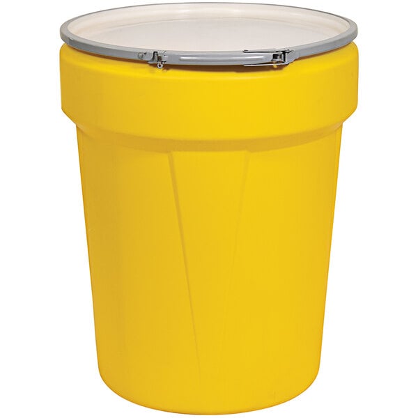 a yellow trash can with a lid