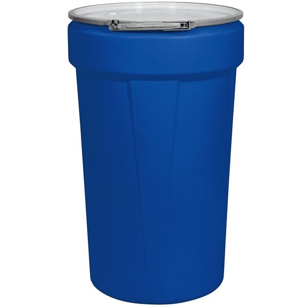 An Eagle Manufacturing blue plastic barrel drum with a metal lever-lock lid.