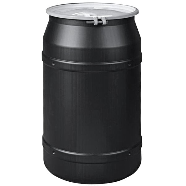 A black Eagle Manufacturing plastic barrel drum with a metal bolt ring lid.