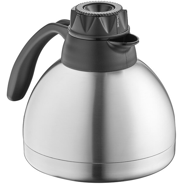 A silver stainless steel coffee carafe with a black handle and gauge.