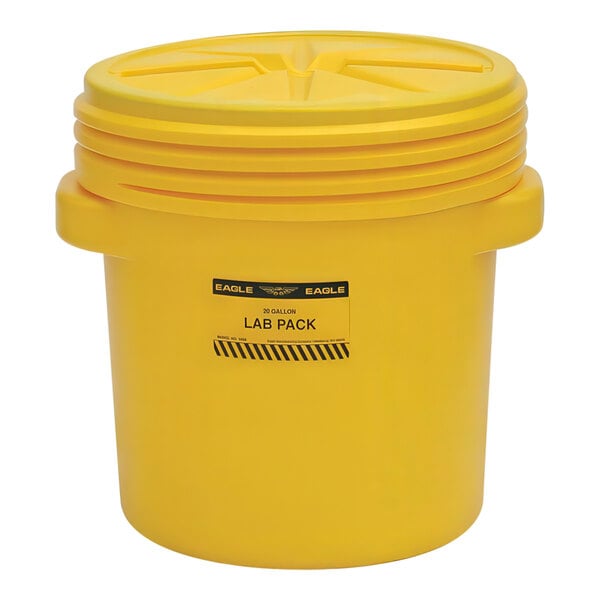 A yellow Eagle Manufacturing plastic lab pack container with screw-on lid.