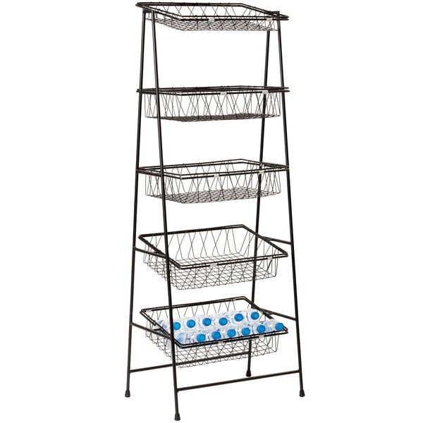 A black metal rectangular 5-tier wire rack with baskets on it.