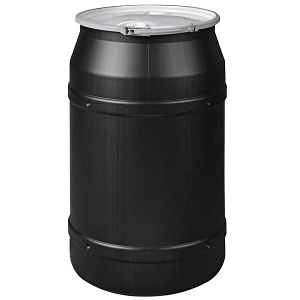 A black Eagle Manufacturing plastic barrel drum with metal lever-lock lids over 2" x 2" bung holes.