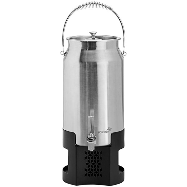 A stainless steel Rosseto milk urn with a black matte mosaic base.