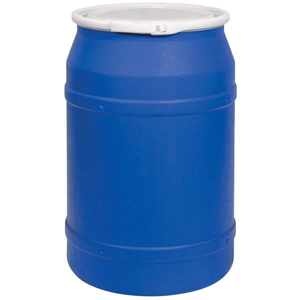 A blue Eagle Manufacturing plastic drum with a white lever-lock lid.