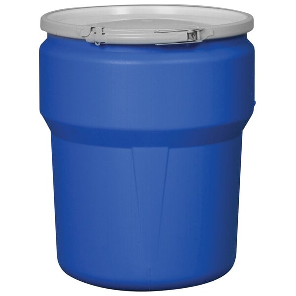 An Eagle Manufacturing blue plastic barrel drum with a metal lid.