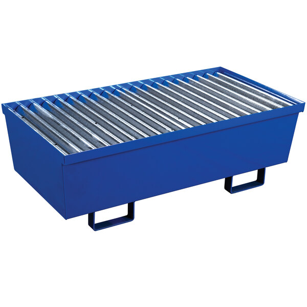 An Eagle Manufacturing blue metal pallet with metal rollers.