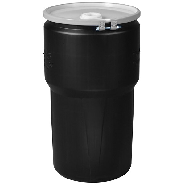 A black plastic Eagle Manufacturing drum with a metal bolt ring lid.