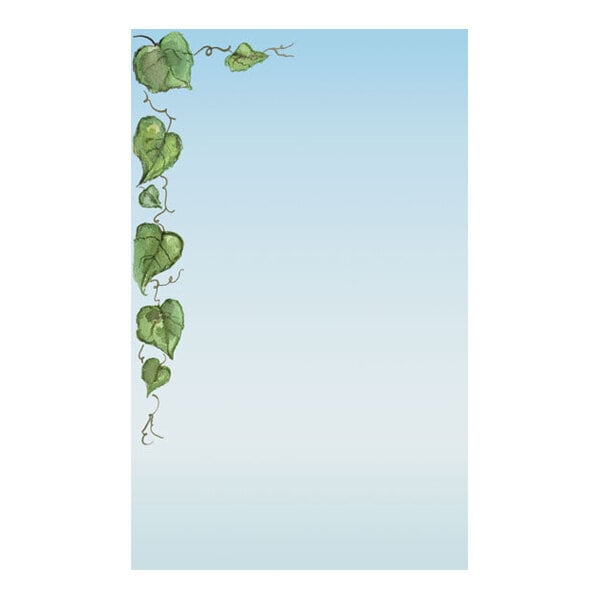 A sheet of paper with a light blue gradient background and a green grapevine with leaves illustrated along the top left corner and left edge.