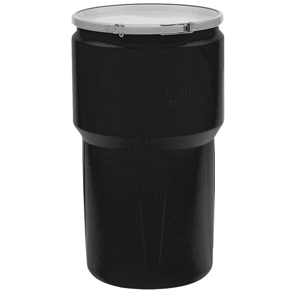 A black plastic Eagle Manufacturing 14 gallon drum with a metal lid.