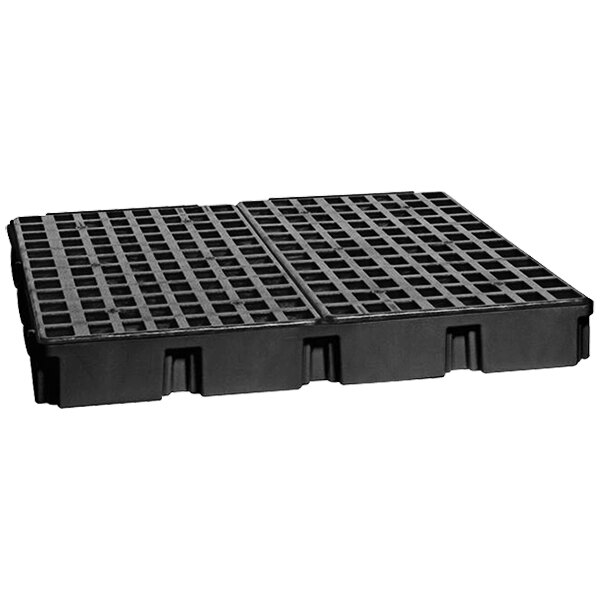 A black plastic Eagle Manufacturing drum pallet with four squares.