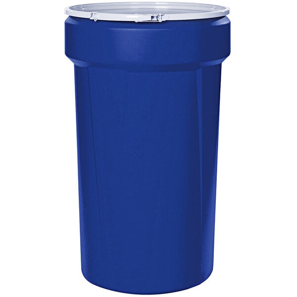 An Eagle Manufacturing blue plastic barrel drum with a plastic lever-lock lid.