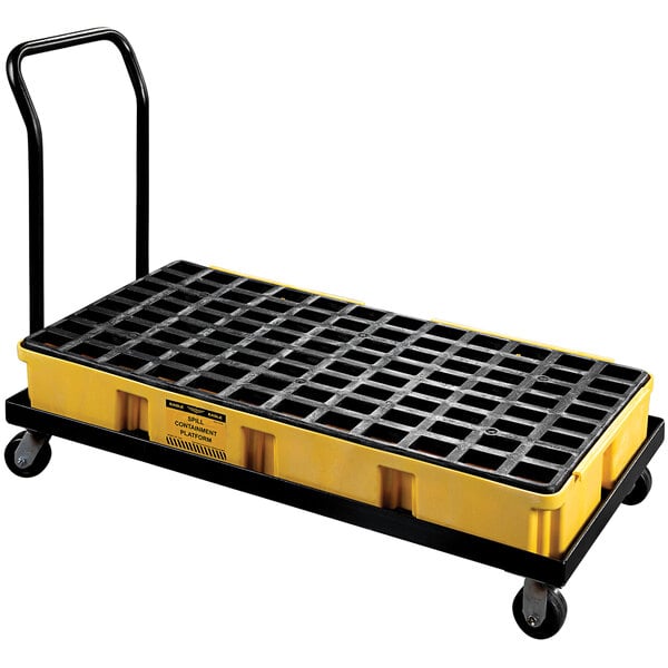 A yellow and black plastic Eagle Manufacturing spill containment platform on wheels.