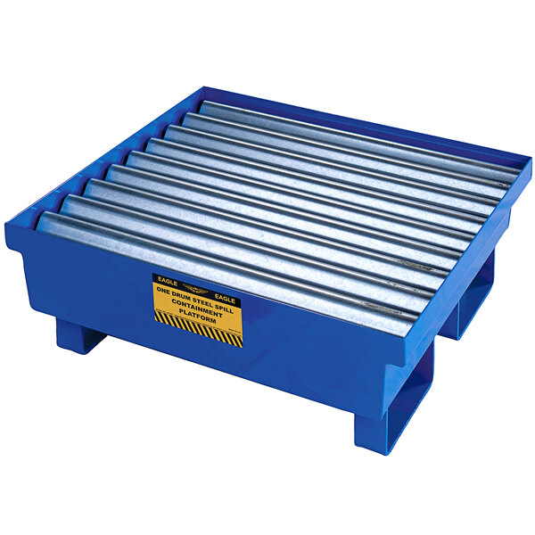 a blue container with metal rollers
