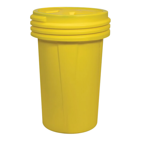 A yellow Eagle Manufacturing plastic drum with a screw-on lid.