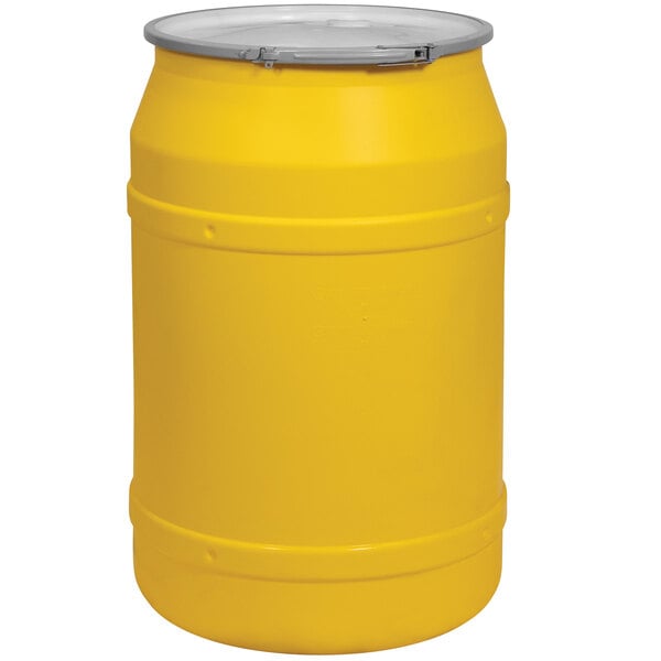 a yellow barrel with a red lid