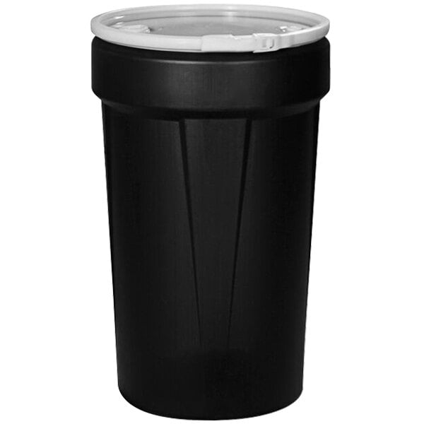 A black plastic Eagle Manufacturing drum with white plastic lids.