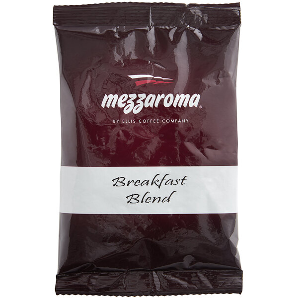 A red bag of Ellis Mezzaroma Breakfast Blend coffee with a white label.