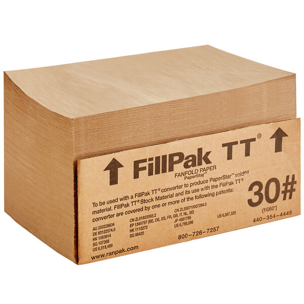 A brown box of Ranpak void fill paper with black text on a white background.