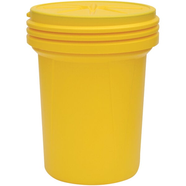 A yellow Eagle Manufacturing plastic drum with screw-on lid.