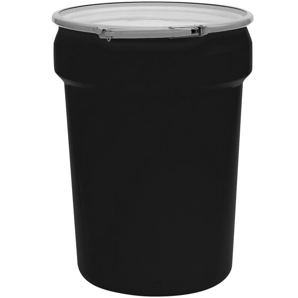 A black plastic Eagle Manufacturing drum with a white lever-lock lid.