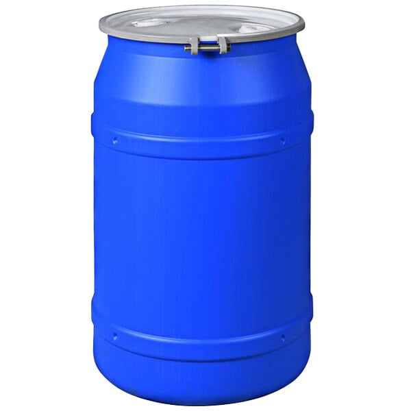 A blue Eagle Manufacturing plastic barrel with a metal bolt ring lid.