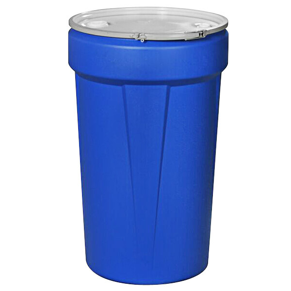 A blue plastic barrel drum with metal lever-lock bung holes.