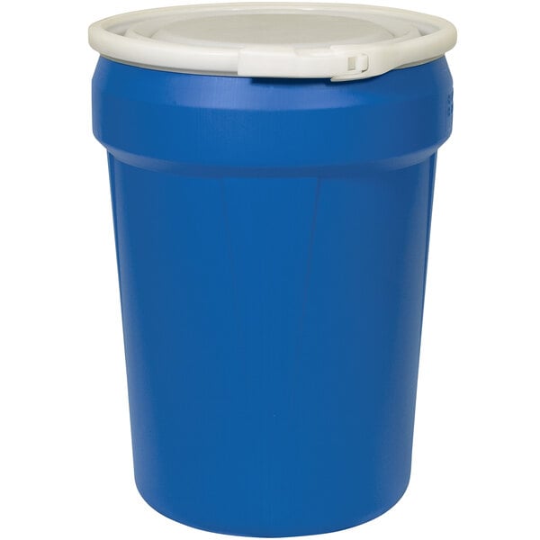 A blue plastic container with a white lid.
