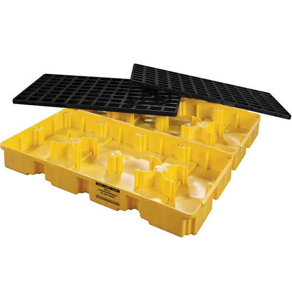 A yellow and black plastic trays for Eagle Manufacturing 4 drum spill containment platform.