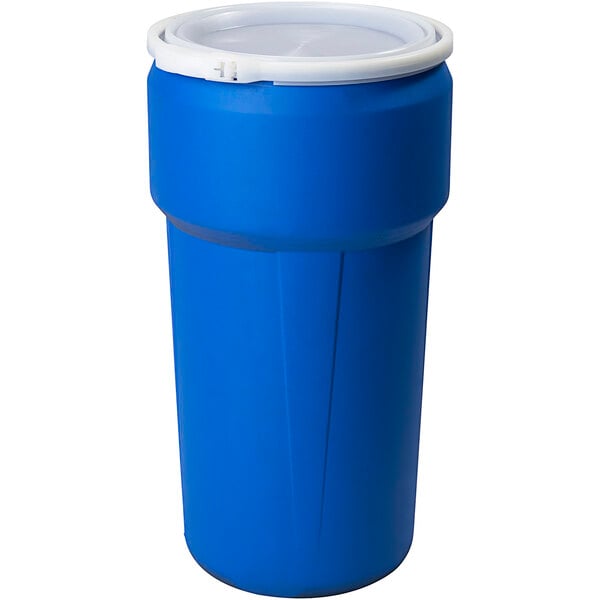 A blue Eagle Manufacturing plastic drum with a white plastic lever-lock lid.
