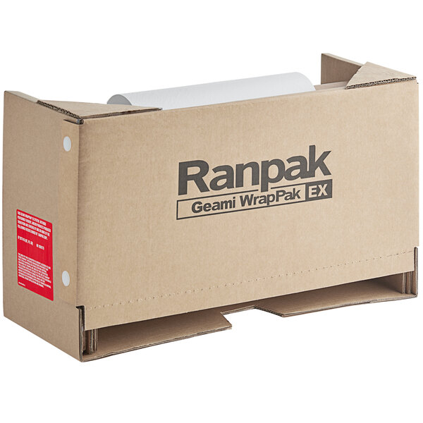 A cardboard box with a roll of Ranpak Geami paper.