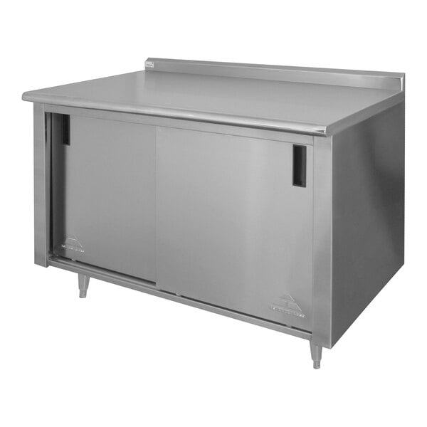 Advance Tabco CF-SS-305M 30" x 60" 14 Gauge Work Table with Cabinet Base and Mid Shelf - 1 1/2" Backsplash