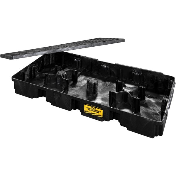 a black plastic container with a yellow label