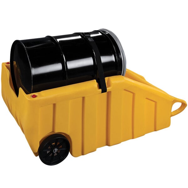 A yellow Eagle Manufacturing spill containment dolly with a black barrel on it.