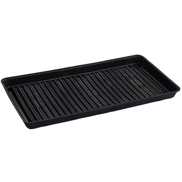 A black rectangular pan with a grid pattern on the bottom.