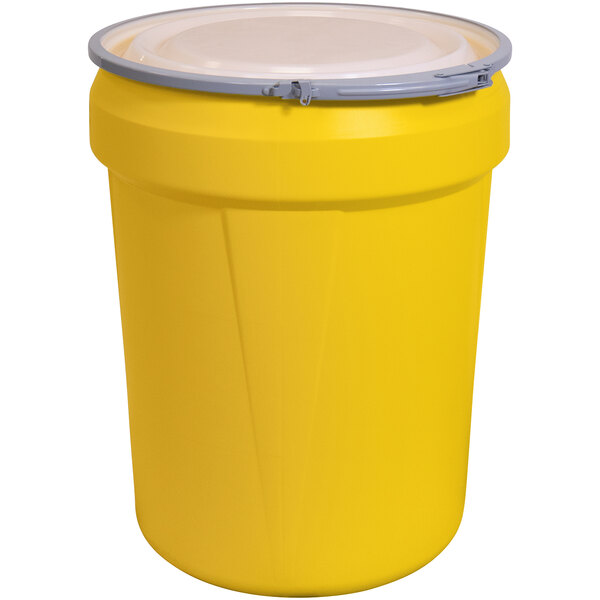 A yellow plastic Eagle Manufacturing drum with a metal lever-lock lid.