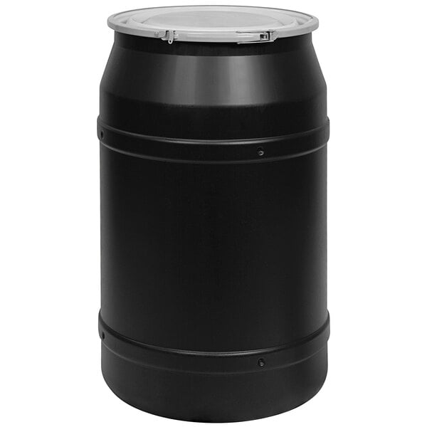A black Eagle Manufacturing plastic drum with a metal lid.