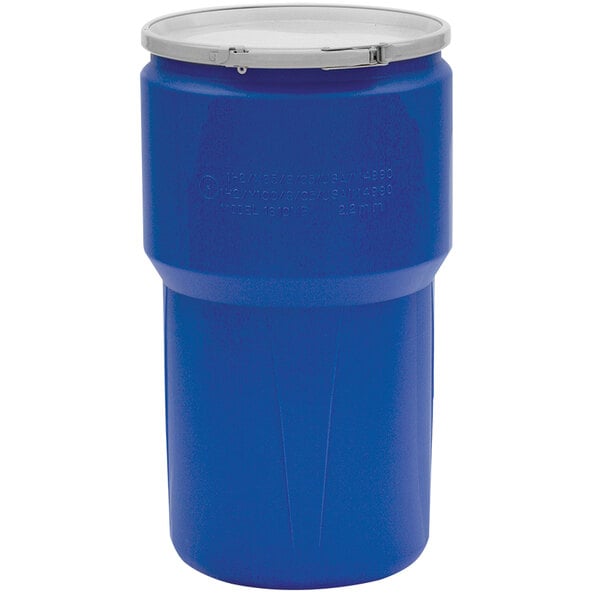 A blue plastic Eagle Manufacturing drum with metal bung holes and a metal lid.