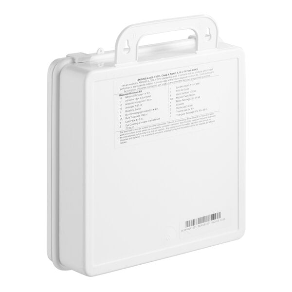 A white plastic box with a label and a handle containing a first aid kit.